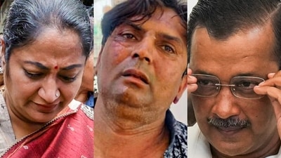 Delhi chief minister Rekha Gupta, the accused Rajesh Bhaiji and AAP supremo Arvind Kejriwal. (PTI)