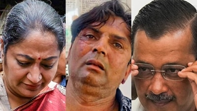 Delhi chief minister Rekha Gupta, the accused Rajesh Bhaiji, and AAP supremo Arvind Kejriwal. (PTI)