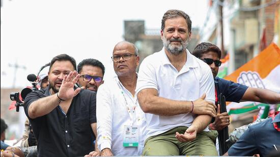 Congress MP Rahul Gandhi with Bihar LoP Tejashwi Yadav during the ‘Voter Adhikar Yatra' in Bihar’s Aurangabad on Monday. (Photo from X)