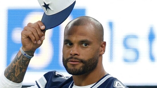 Dak Prescott of the Dallas Cowboys reacts on the sidelines during the NFL Preseason 2025 game between Dallas Cowboys and Los Angeles Rams. (Getty Images via AFP)