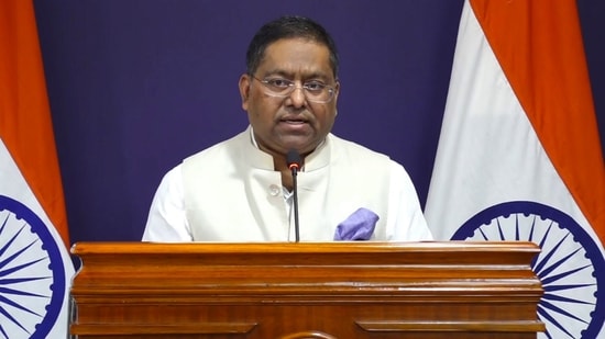 Ministry of External Affairs spokesperson Randhir Jaiswal addresses a press conference in New Delhi (PTI)
