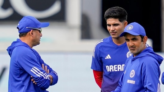 India's head coach Gautam Gambhir (R), chairperson of BCCI selection committee Ajit Agarkar R) and Shubman Gill (C) (PTI)