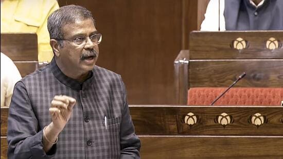 Union education minister Dharmendra Pradhan speaks in the Rajya Sabha during the Monsoon session of Parliament, in New Delhi, on Wednesday. (Sansad TV)