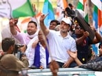 Congress leader Rahul Gandhi with RJD's Tejashwi Yadav during their 'Voter Adhikar Yatra' at Lakhisarai, Bihar on Thursday, August 21.