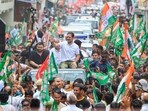 Congress MP Rahul Gandhi with Bihar LoP Tejashwi Yadav (in black) during the 'Voter Adhikar Yatra' in Aurangabad on Monday(INC India)