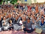 Anganwadi workers union protesting against the government at DPO office in Ludhiana on Thursday. (Manish/HT) Anganwadi workers union protesting against the government at DPO office in Ludhiana on Thursday. (Manish/HT)