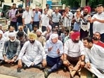 BJP leaders staging a protest outside Dugri Police station in Ludhiana on Thursday. (Gurpreet Singh/HT) BJP leaders staging a protest outside Dugri Police station in Ludhiana on Thursday. (Gurpreet Singh/HT)