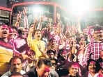 Members of BEST Workers Union celebrated with union leader Shashank Rao outside the counting centre at 4am on Wednesday. Members of BEST Workers Union celebrated with union leader Shashank Rao outside the counting centre at 4am on Wednesday.