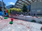Protestors poured red paint over the Microsoft sign. Protestors poured red paint over the Microsoft sign.