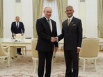 India's foreign minister S Jaishankar called on Russian President Vladimir Putin on Thursday. Sergey Lavrov, the foreign minister of Russia, is seen in the background.