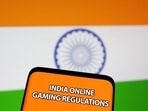 The words "India online gaming regulations" are displayed in front of an Indian flag in this Illustration taken September 14, 2022.