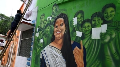 A painter paints a wall to create awareness among voters ahead of the Bihar Assembly elections 2025 at the state election department premises. (ANI) A painter paints a wall to create awareness among voters ahead of the Bihar Assembly elections 2025 at the state election department premises. (ANI)