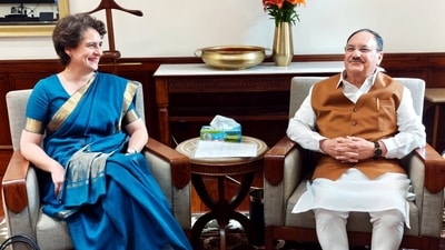 Congress MP Priyanka Gandhi meets Union Minister JP Nadda, in New Delhi on Thursday. (@priyankagandhi X)