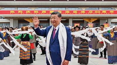 Chinese President Xi Jinping waves as he arrives at Lhasa in western China's Tibet Autonomous Region on Wednesday, Aug. 20, 2025, to attend an event to mark the 60th anniversary of the consolidation of Beijing's long-contested rule over the Himalayan territory.. (AP/ Xinhua News Agency) Chinese President Xi Jinping waves as he arrives at Lhasa in western China's Tibet Autonomous Region on Wednesday, Aug. 20, 2025, to attend an event to mark the 60th anniversary of the consolidation of Beijing's long-contested rule over the Himalayan territory.. (AP/ Xinhua News Agency)