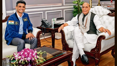 Defence minister Rajnath Singh meets Group Captain Shubhanshu Shukla, who was the pilot of Axiom-4 Space Mission to the International Space Station (ISS), in New Delhi on Thursday. (ANI Photo)