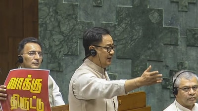 Union minister Kiren Rijiju speaks in Lok Sabha during the monsoon session of Parliament. (Sansad TV/ANI Video Grab) Union minister Kiren Rijiju speaks in Lok Sabha during the monsoon session of Parliament. (Sansad TV/ANI Video Grab)