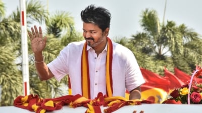 Tamilaga Vettri Kazhagam (TVK) chief and actor Vijay during an event in Mamallapuram, Tamil Nadu. (HT_PRINT) Tamilaga Vettri Kazhagam (TVK) chief and actor Vijay during an event in Mamallapuram, Tamil Nadu. (HT_PRINT)