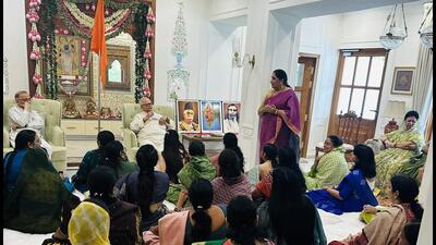 NCP leader and Rajya Sabha MP Sunetra Pawar attending a Rashtriya Swayamsevak Sangh (RSS) affiliated women’s organisation’s meeting in Delhi on Wednesday. NCP leader and Rajya Sabha MP Sunetra Pawar attending a Rashtriya Swayamsevak Sangh (RSS) affiliated women’s organisation’s meeting in Delhi on Wednesday.