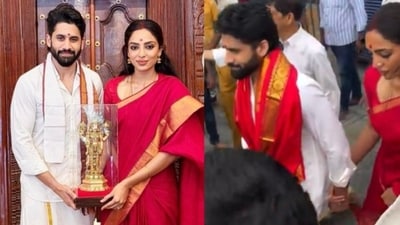 Naga Chaitanya sweetly held Sobhita Dhulipala's hand as they navigated the crowd in Tirupati. Naga Chaitanya sweetly held Sobhita Dhulipala's hand as they navigated the crowd in Tirupati.
