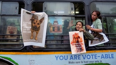 Animal lovers raise slogans after being detained by police in Delhi during their protest against the SC order to capture and relocate stray dogs from all localities in the NCR to shelters. (PTI File) Animal lovers raise slogans after being detained by police in Delhi during their protest against the SC order to capture and relocate stray dogs from all localities in the NCR to shelters. (PTI File)