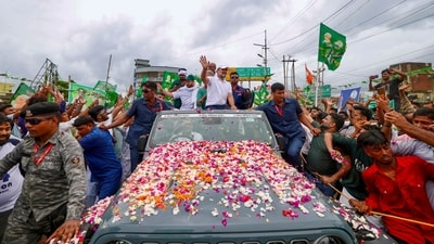 Leader of Opposition in the Lok Sabha and Congress MP Rahul Gandhi, state unit president Rajesh Kumar, RJD leader Tejashwi Yadav during the 'Voter Adhikar Yatra' in Nawada on August 19. (AICC/PTI) Leader of Opposition in the Lok Sabha and Congress MP Rahul Gandhi, state unit president Rajesh Kumar, RJD leader Tejashwi Yadav during the 'Voter Adhikar Yatra' in Nawada on August 19. (AICC/PTI)