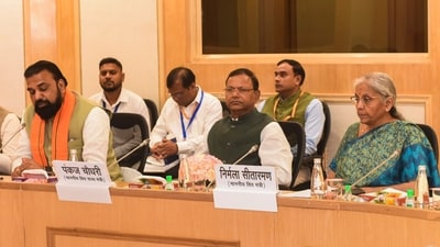 (From right) Union finance minister Nirmala Sitharaman and MoS Pankaj Chaudhary at a meeting of the Group of Ministers (GoM) in New Delhi. Bihar FM Samrat Choudhary is the convener of the GoM. (X/@FinMinIndia) (From right) Union finance minister Nirmala Sitharaman and MoS Pankaj Chaudhary at a meeting of the Group of Ministers (GoM) in New Delhi. Bihar FM Samrat Choudhary is the convener of the GoM. (X/@FinMinIndia)