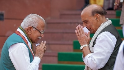 Union Defence Minister Rajnath Singh, right, and Union Housing and Urban Affairs Minister Manohar Lal on Thursday greet each other with joined hands as the monsoon session of the Parliament winds up. (Ravi Choudhary/PTI) Union Defence Minister Rajnath Singh, right, and Union Housing and Urban Affairs Minister Manohar Lal on Thursday greet each other with joined hands as the monsoon session of the Parliament winds up. (Ravi Choudhary/PTI)