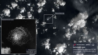 A satellite image shows gas from the Nord Stream pipeline bubbling up in the water following incidents in the Baltic Sea, in this handout picture released September 29, 2022. (File Photo/REUTERS)