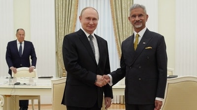 India's foreign minister S Jaishankar called on Russian President Vladimir Putin on Thursday. Sergey Lavrov, the foreign minister of Russia, is seen in the background. (Photo: Sourced) India's foreign minister S Jaishankar called on Russian President Vladimir Putin on Thursday. Sergey Lavrov, the foreign minister of Russia, is seen in the background. (Photo: Sourced)
