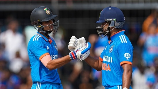 India's Shubman Gill, left, celebrates with India's Shreyas Iyer during an ODI against Australia (AP)