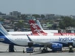 Mumbai, India - May 28, 2020: Planes parked at The Chhatrapati Shivaji Maharaj International Airport. A media tour was conducted witness the preparedness at CSMIA post resuming its domestic air service operation in Mumbai, India, on Thursday, May 28, 2020. (Photo by Satyabrata Tripathy/Hindustan Times) (Satyabrata Tripathy/HT Photo)