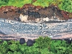 Ratnagitri, India, July 24, 2025: The Mumbai-Goa Highway, also known as NH66, is in poor condition, with numerous potholes on the old road between Kurdanda and Kolmbe village. Ratnagiri, India. July 24, 2025. (Photo by Raju Shinde/HT Photo) (Raju Shinde)