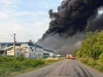 Smoke rises over the Flextronics factory hit by a Russian missile strike, amid Russia's attack on Ukraine, in Mukachevo, Zakarpattia region, Ukraine August 21, 2025. Zakarpattia Regional Prosecutor's Office/Handout via REUTERS
