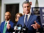 California Governor Gavin Newsom speaks after he and other lawmakers signed the "Election Rigging Response Act" in Sacramento, California