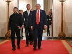 President Trump, with Ukrainian President Volodymyr Zelensky and European leaders, arriving for a group photo in the White House on Monday. President Trump, with Ukrainian President Volodymyr Zelensky and European leaders, arriving for a group photo in the White House on Monday.