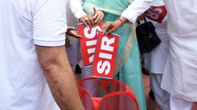 Leader of Opposition in Lok Sabha and Congress MP Rahul Gandhi and other INDIA bloc MPs symbolically tear the SIR and throw it in a dustbin during their protest against Special Intensive Revision (SIR) of electoral rolls in Bihar. (ANI)