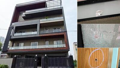 Bullet marks on Elvish Yadav’s house after the shooting. (ANI Grab) Bullet marks on Elvish Yadav’s house after the shooting. (ANI Grab)