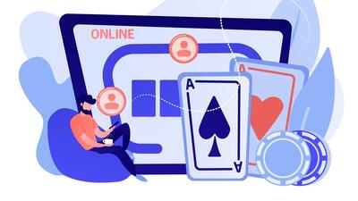 Businessman with smartphone playing poker online and casino table with cards and chips. Online poker, internet gambling, online casino rooms concept. Pinkish coral bluevector isolated illustration Businessman with smartphone playing poker online and casino table with cards and chips. Online poker, internet gambling, online casino rooms concept. Pinkish coral bluevector isolated illustration