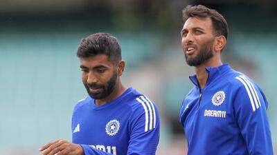 India's Jasprit Bumrah and Prasidh Krishna during a training session ahead of the fifth Test against England. (PTI) India's Jasprit Bumrah and Prasidh Krishna during a training session ahead of the fifth Test against England. (PTI)