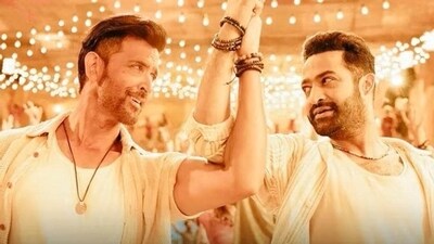 A still from War 2 featuring Hrithik Roshan and Jr NTR. A still from War 2 featuring Hrithik Roshan and Jr NTR.
