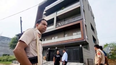 Security personnel after gunfire reported at YouTuber Elvish Yadav's residence, in Gurugram (PTI) Security personnel after gunfire reported at YouTuber Elvish Yadav's residence, in Gurugram (PTI)