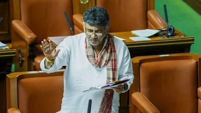 Karnataka Deputy Chief Minister DK Shivakumar speaks during the Monsoon session of the state Assembly, in Bengaluru, on Tuesday. (DIPR) Karnataka Deputy Chief Minister DK Shivakumar speaks during the Monsoon session of the state Assembly, in Bengaluru, on Tuesday. (DIPR)