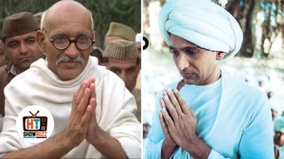 Ben Kingsley in Richard Attenborough's Gandhi (L) and Pratik Gandhi in Hansal Mehta's new series (R). Ben Kingsley in Richard Attenborough's Gandhi (L) and Pratik Gandhi in Hansal Mehta's new series (R).