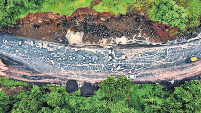 Ratnagitri, India, July 24, 2025: The Mumbai-Goa Highway, also known as NH66, is in poor condition, with numerous potholes on the old road between Kurdanda and Kolmbe village. Ratnagiri, India. July 24, 2025. (Photo by Raju Shinde/HT Photo) (Raju Shinde)