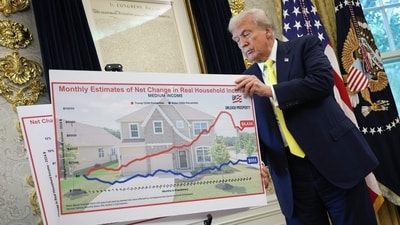 WASHINGTON, DC - AUGUST 07: U.S. President Donald Trump flips through charts displaying economic data provided by the Heritage Foundation in the Oval Office on August 07, 2025 in Washington, DC. (Getty Images via AFP) WASHINGTON, DC - AUGUST 07: U.S. President Donald Trump flips through charts displaying economic data provided by the Heritage Foundation in the Oval Office on August 07, 2025 in Washington, DC. (Getty Images via AFP)