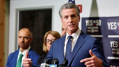 California Governor Gavin Newsom speaks after he and other lawmakers signed the "Election Rigging Response Act" in Sacramento, California (REUTERS)