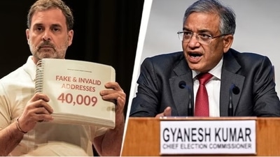 Congress MP Rahul Gandhi and Chief Election Commissioner (CEC) Gyanesh Kumar. (PTI file)