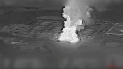 Smoke rises from an oil-pumping station during a fire in the Bryansk region of Russia on Thursday. Smoke rises from an oil-pumping station during a fire in the Bryansk region of Russia on Thursday.