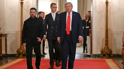 President Trump, with Ukrainian President Volodymyr Zelensky and European leaders, arriving for a group photo in the White House on Monday. President Trump, with Ukrainian President Volodymyr Zelensky and European leaders, arriving for a group photo in the White House on Monday.