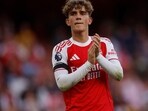 Arsenal's Max Dowman celebrates after winning the match against Leeds